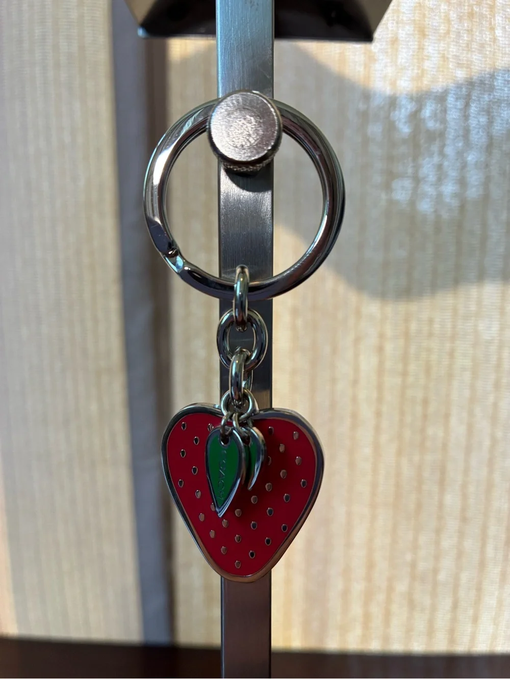 Coach Red Strawberry Enamel Keyring with Green Leaf Charm